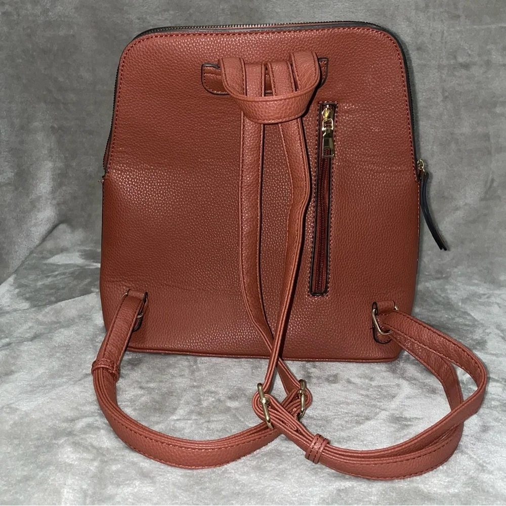 Faux Leather Structured Dome-Top Backpack Cognac Brown Minimalist Style